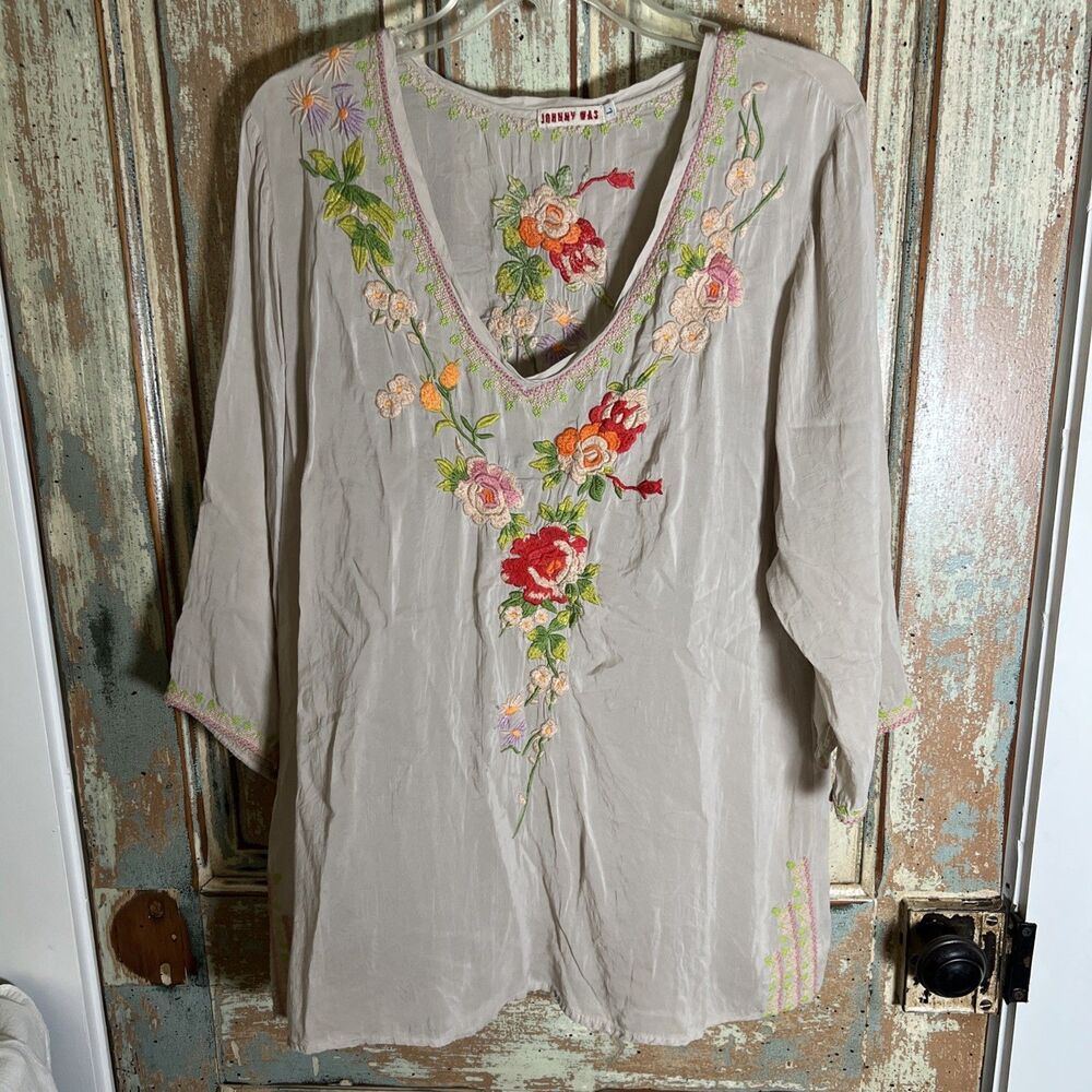 Johnny Was Taupe Top V Neck Extensive Floral Embroidery Large SEE LISTING - Picture 1 of 16